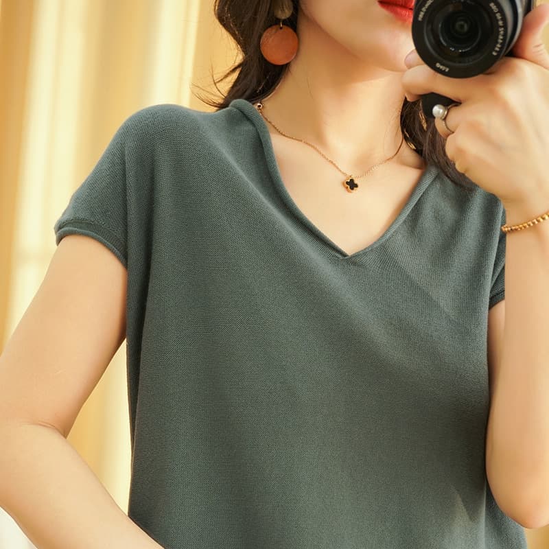 Summer Cotton V-Neck Knitted Short-Sleeve Women's Top Linen Undershirt 2021 New Autumn Winter Inner Layer Sweater