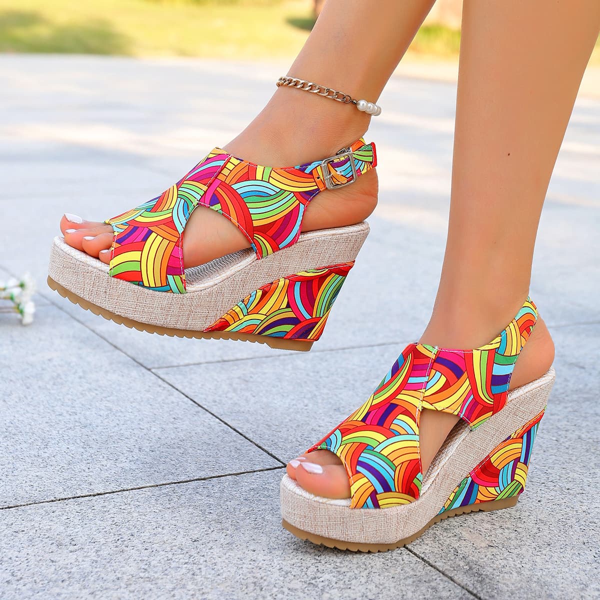 New Summer Export Large Platform Sandals Colorful Peep Toe High Heel Buckle Sandals European and American Fashion Roman Sandals