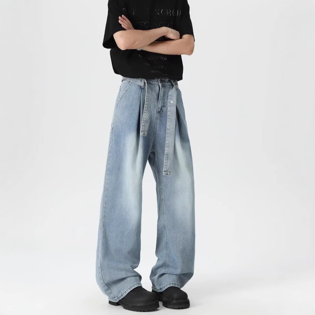 American Retro Washed Distressed Jeans for Men Spring New Trend Loose Straight Casual Versatile Long Pants