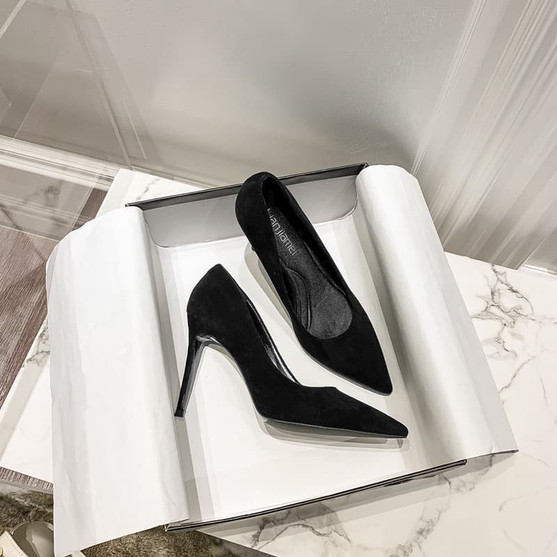 Black Women's Stiletto Mid Heels 2023 Spring Summer Fashion Pointed Toe Student Dress Shoes Plus Size