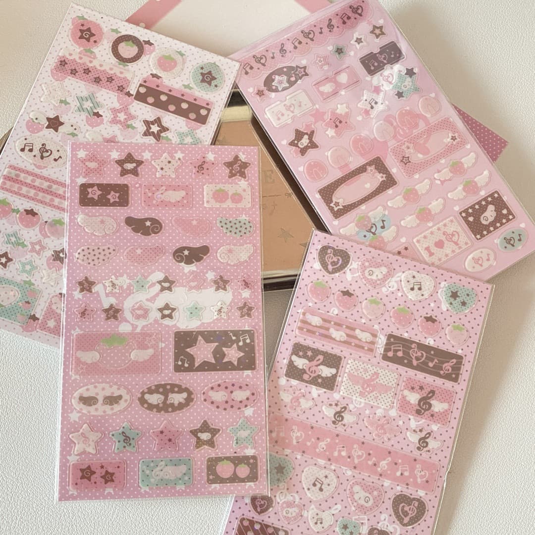 Original Pink-Brown Music Note Strawberry Star Glitter Film Scrapbook Stickers Korean-Style Phone Case Decorative Stickers
