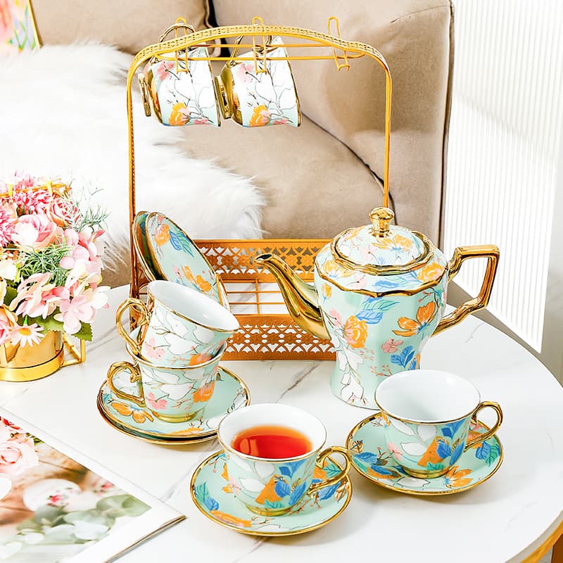 European Ceramic Tea Set with Gold Rim, English Floral Creative Home Coffee Cup, Afternoon Flower Tea Cup for Living Room