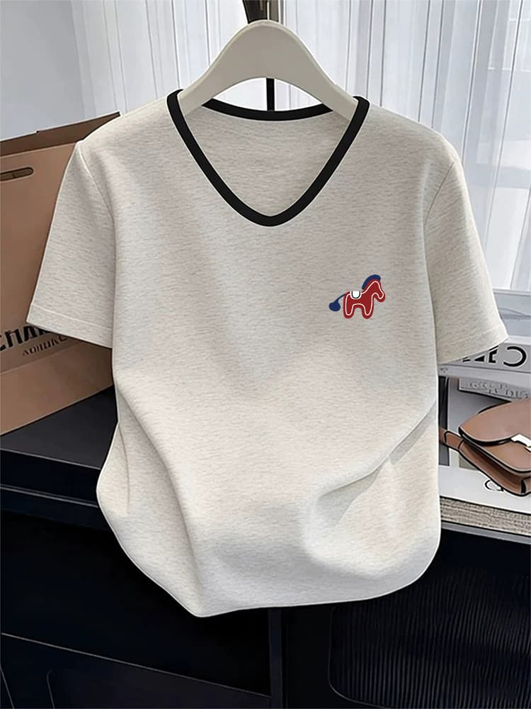 2026 Summer Casual Minimalist Loose Fit Versatile Pure Cotton Contrast V-Neck Short Sleeve T-Shirt for Women