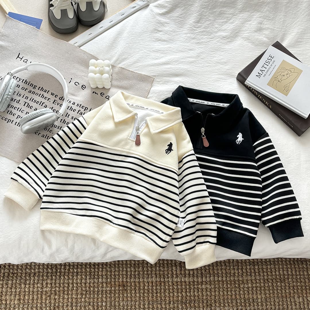 2025 Autumn New Unisex Children's Hoodie with Zipper Polo Collar, Striped Patchwork Versatile Long-Sleeve Top