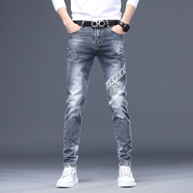 European station men's jeans youth printed hot diamond reflective stretch slim small straight men's denim long pants