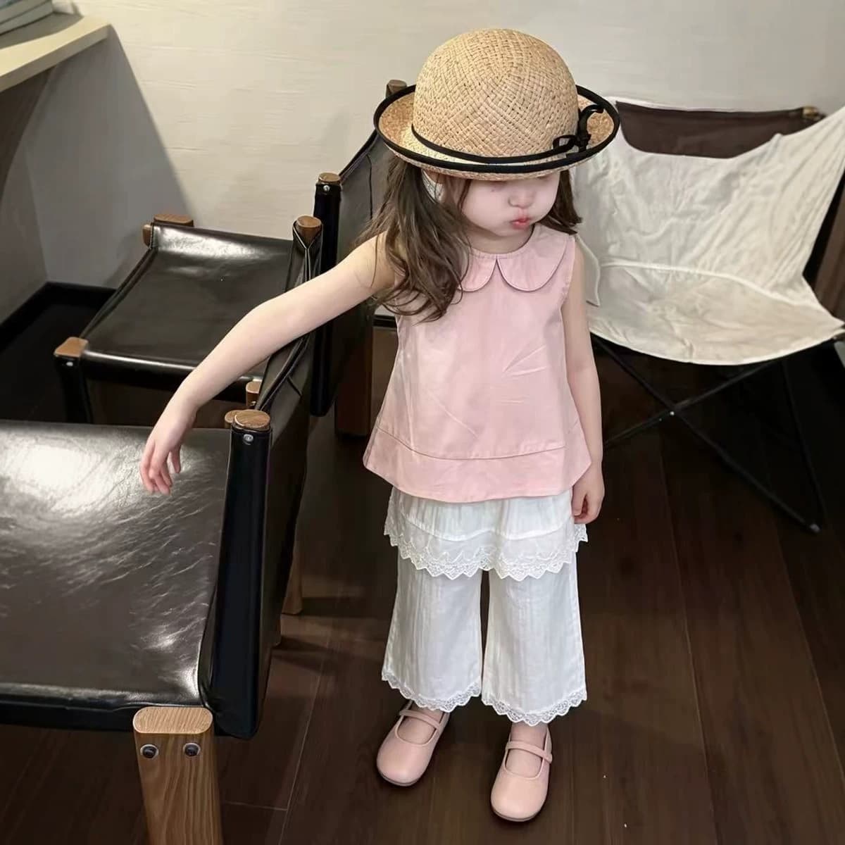 Fresh and sweet girls' summer 2-piece baby doll sweater wide-leg pants, fashionable, cute and gentle suit 26253