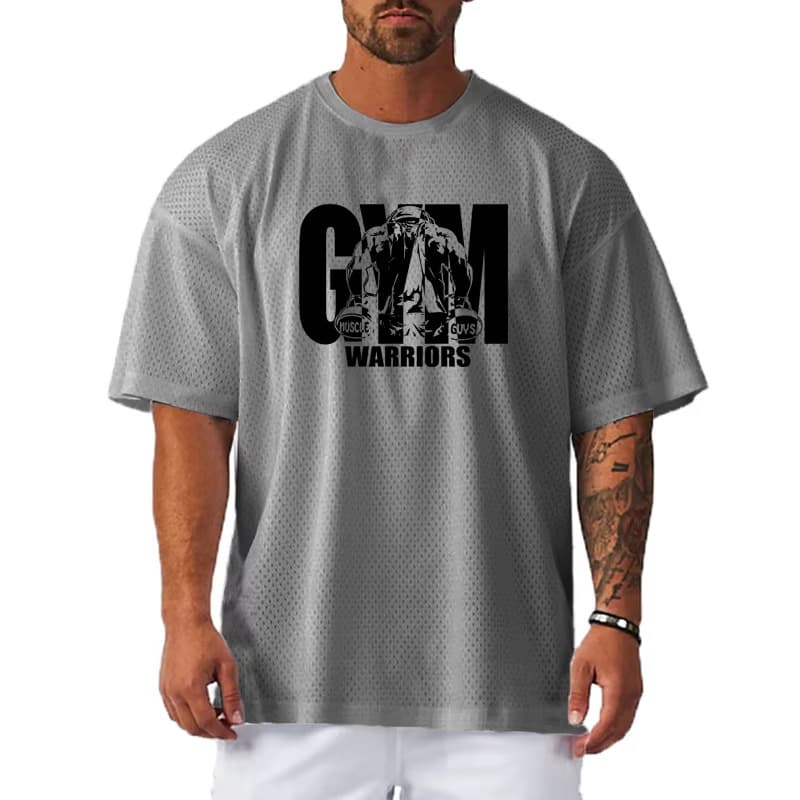 Loose Men's Casual Sports T-Shirt Gym Bodybuilding Short Sleeve Shirt Mesh Quick-Dry Breathable Clothing