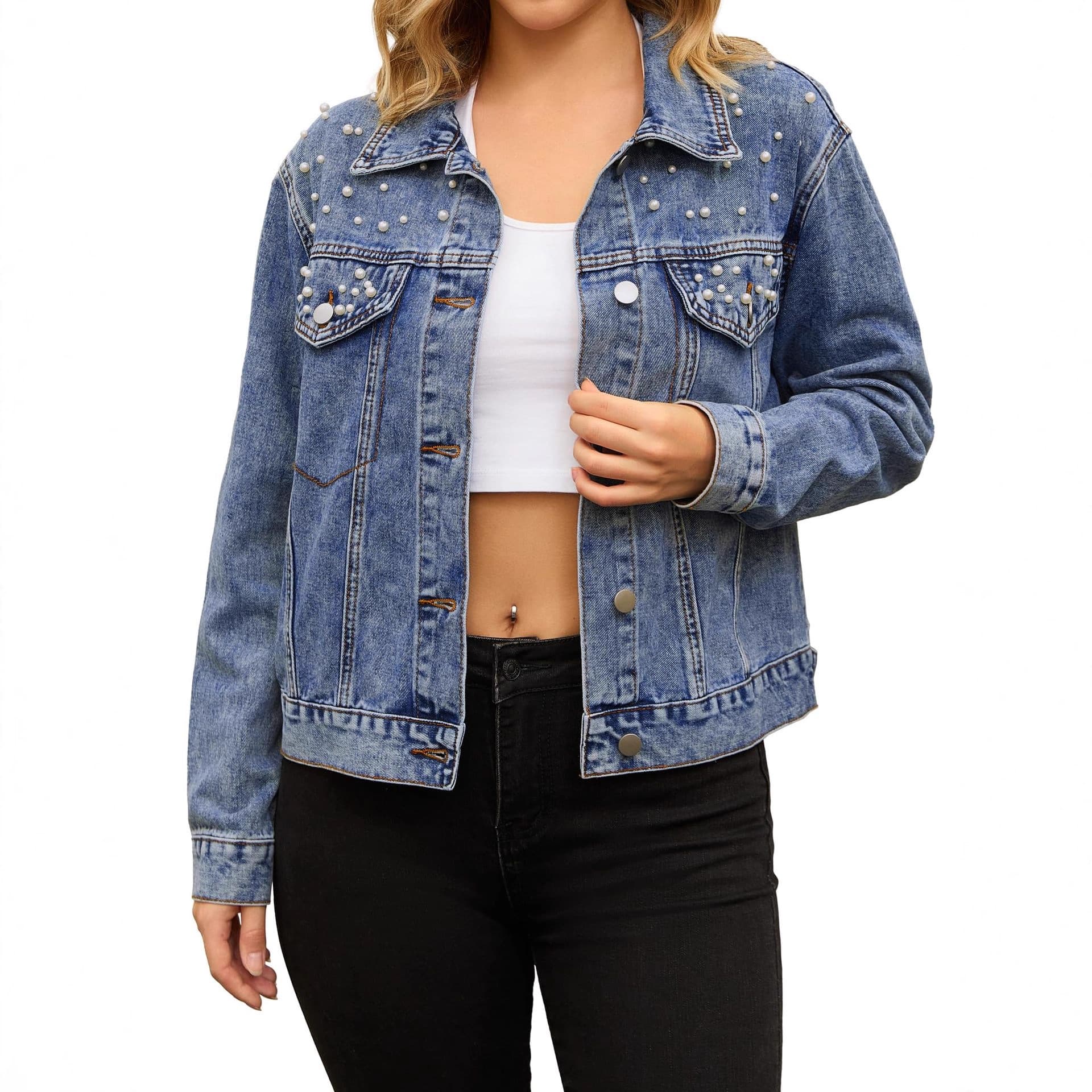European and American New Amazon Temu Women's Denim Retro Fitted Denim Jacket Classic Embroidered Pearl Denim