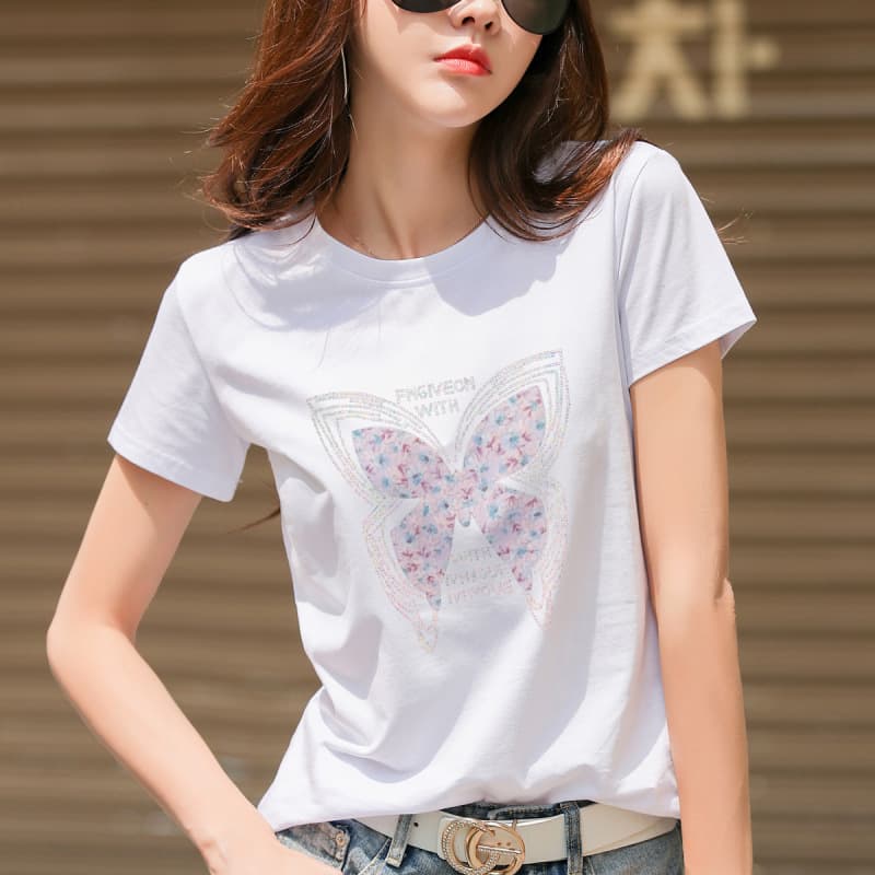 Women's Oversized Short Sleeve T-Shirt for Summer, Loose Fit with Rhinestone Design, Fashionable Half-Sleeve Top