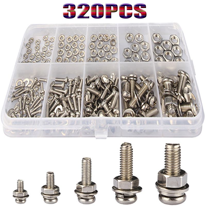 320pcs boxed cross round head bolt nut washer combination kit M2 M2.5 M3 M4 M5