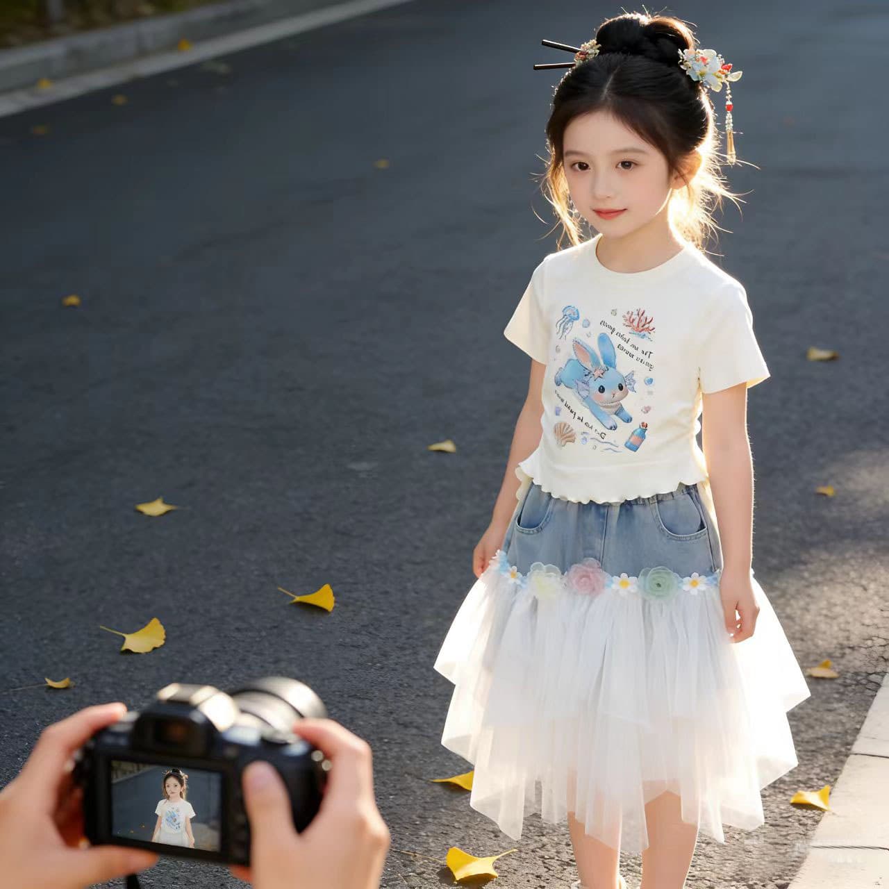 Girls Dress Summer 2026 New Style Children's Clothes Sweet Cowboy Girls Short-Sleeved Summer Gauze Skirt Suit