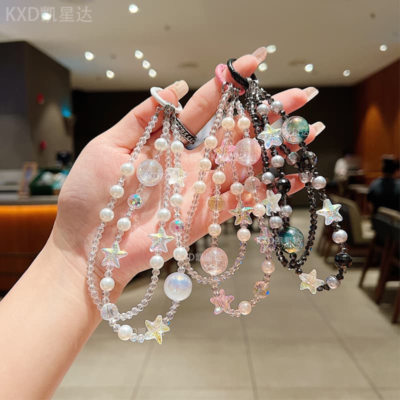 New crystal starfish double layer mobile phone chain ins style crystal pearl beading short mobile phone lanyard women's bag pendant
