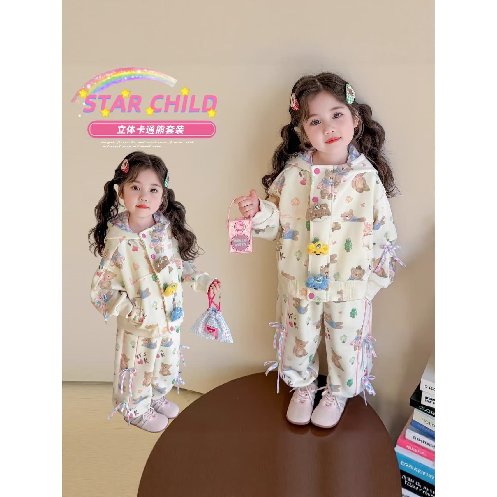 Girls Spring and Autumn Long Sleeve Set Children Korean Style Cute Baby Girl Cartoon Hooded Jacket Casual Two-Piece Set Trendy