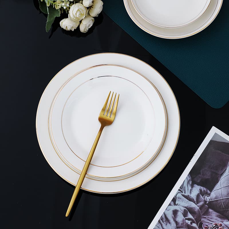 Gold Rim European Style Light Luxury Western Dinner Plate, Home Use Flat Plate, Shallow Plate, Ceramic Steak Plate, Commercial Tableware