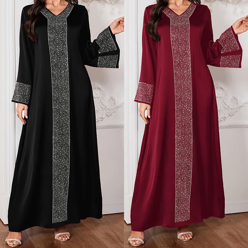 Women's Fashion Heavy Rhinestone V-Neck Long Dress, Banquet Evening Gown, Elegant Plus Size Dress