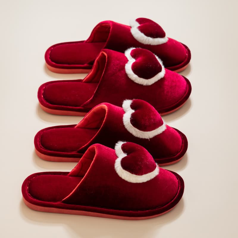 Festive red wedding slippers, a pair for the bride's dowry, a luxurious autumn/winter wedding shoe collection for couples.