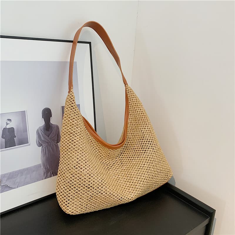 Korean Ins Retro Woven Tote Bag Straw Bag Large Capacity Underarm Bag Shoulder Bag Vacation Style Beach Bag for Women