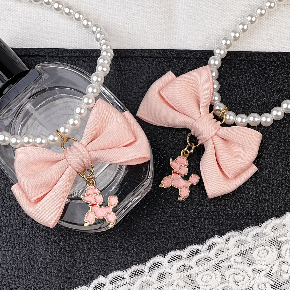 New Pet Imitation Pearl Dog Bow Necklace Princess Style Double Layer Bow Pendant Birthday Cat Puppy Necklace