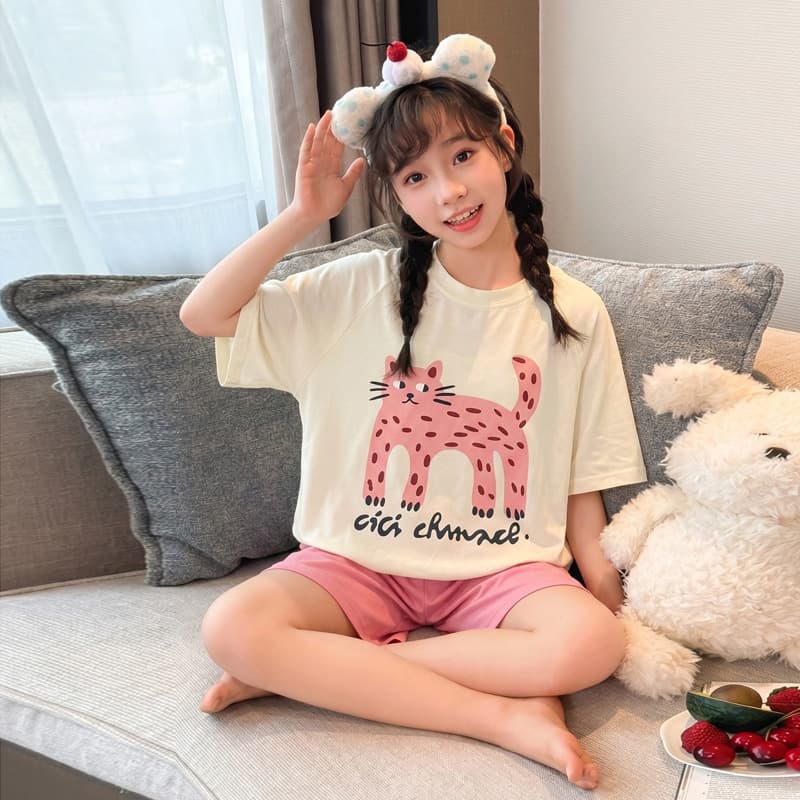 Girls' pajamas summer 2025 new medium and large children's cartoon cat home clothes set can be worn outside casual home clothes