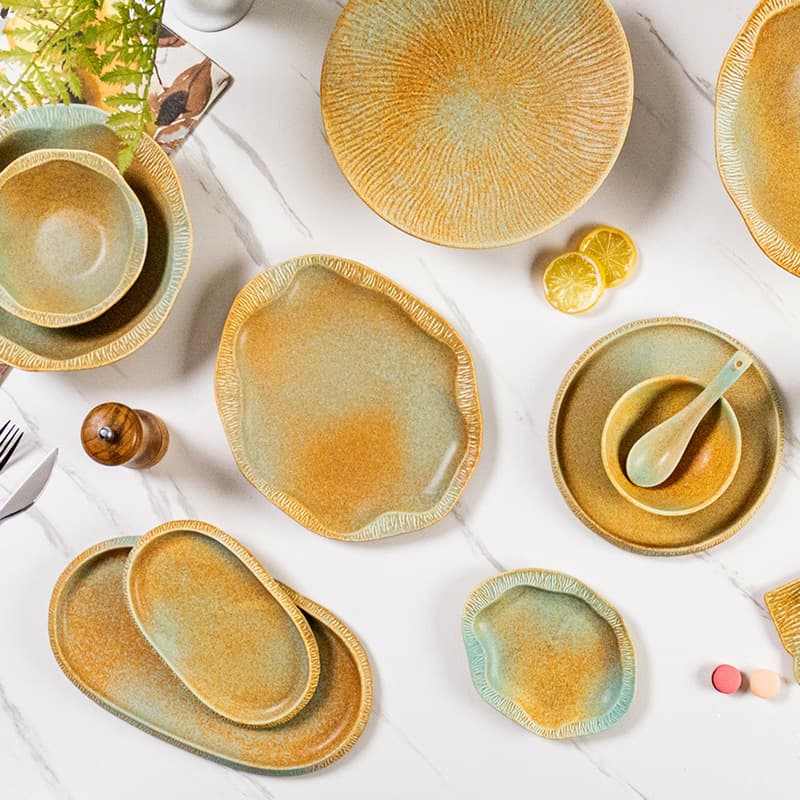 Factory wholesale retro Japanese tableware matte kiln ceramic bowl plate plate flat plate sushi plate shaped plate