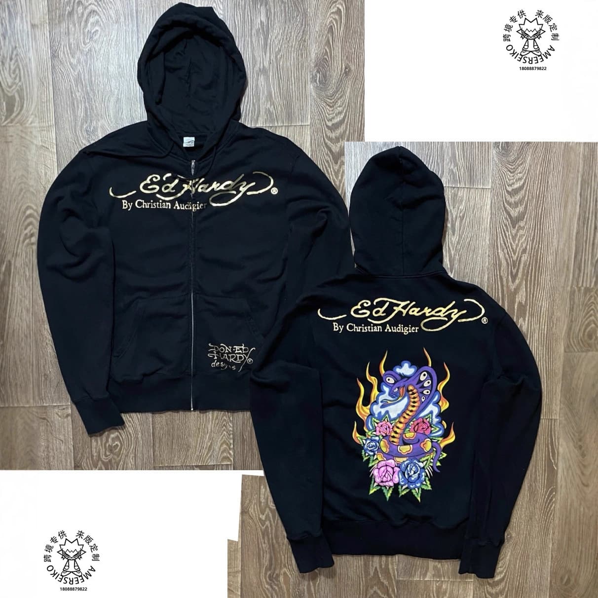 Oversized Hoodie Men Women Y2K Gothic Christian Audigier Ed Hardy Zip-up
