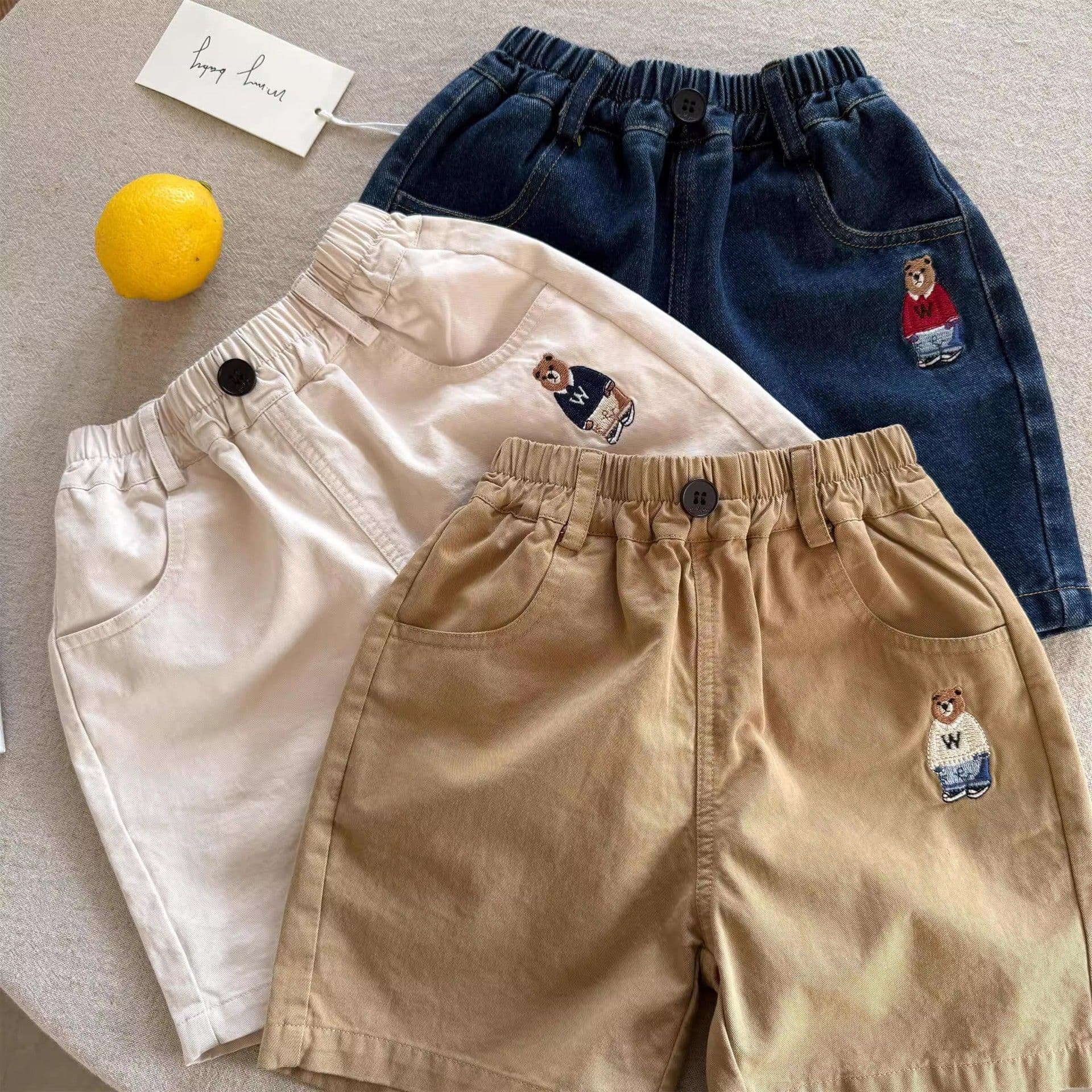 Children's shorts 2025 summer Japanese trendy brand bear embroidered jeans for boys and girls baby style casual pants