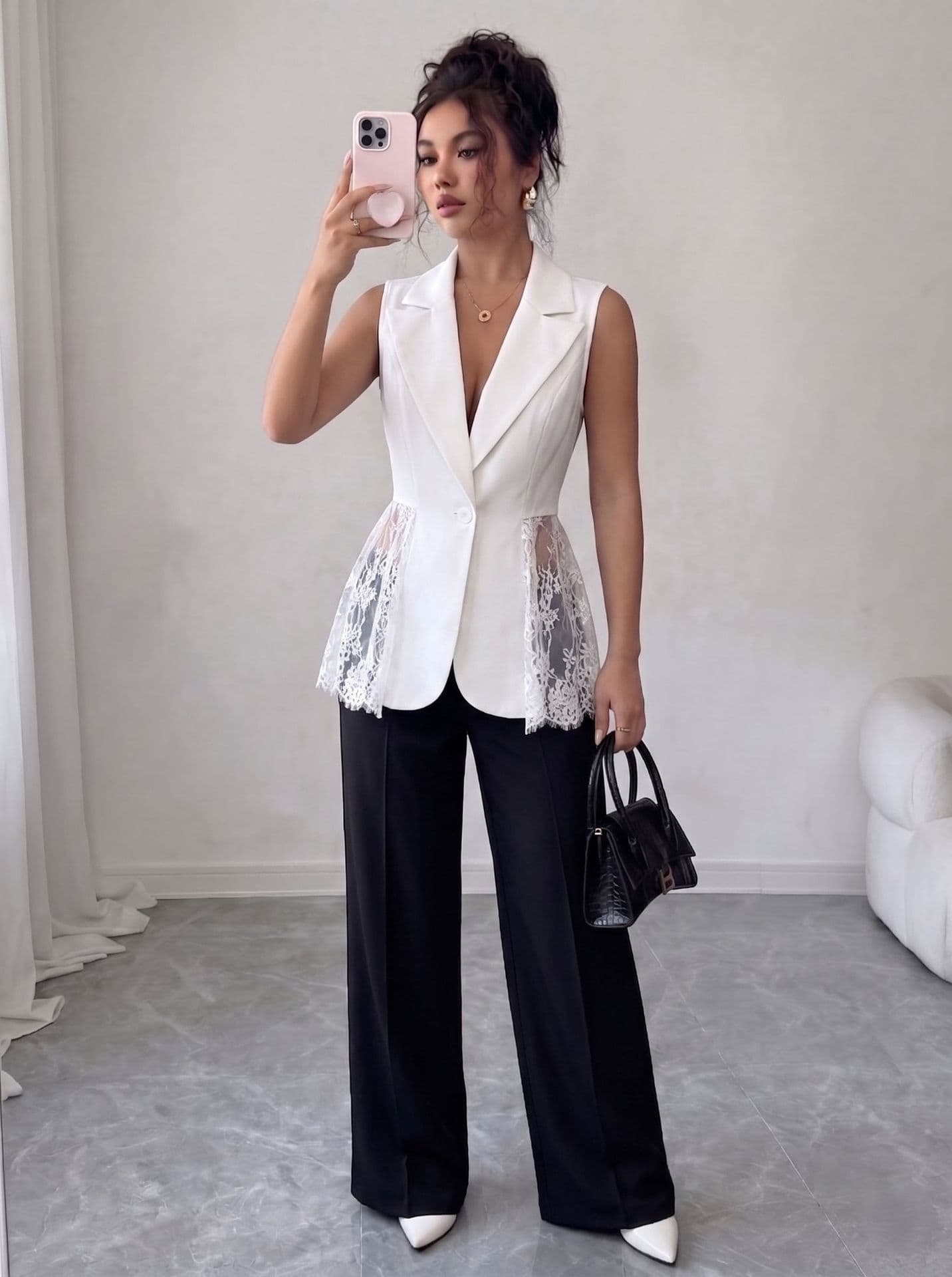 European and American Cross-border Amazon 2026 New Lace Patchwork Sleeveless Blazer Vest Slim Fit A-Line Jacket