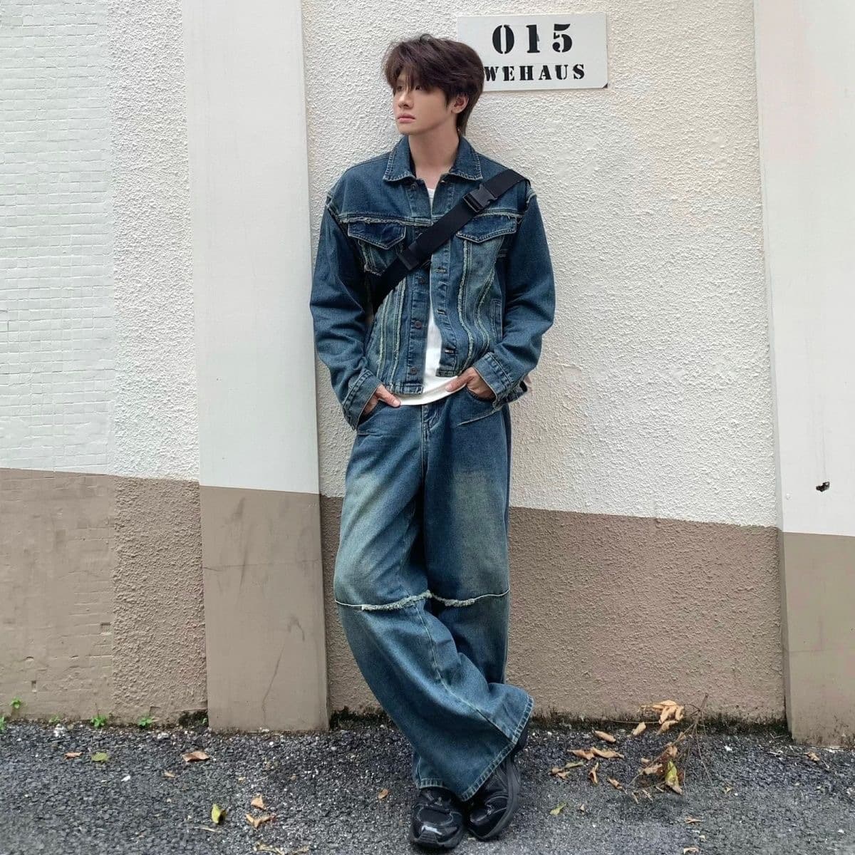 American Vintage Deconstructed Denim Jacket and Pants Two-Piece Set, Versatile Whiskered Cropped Wide-Leg Long Pants, Men's