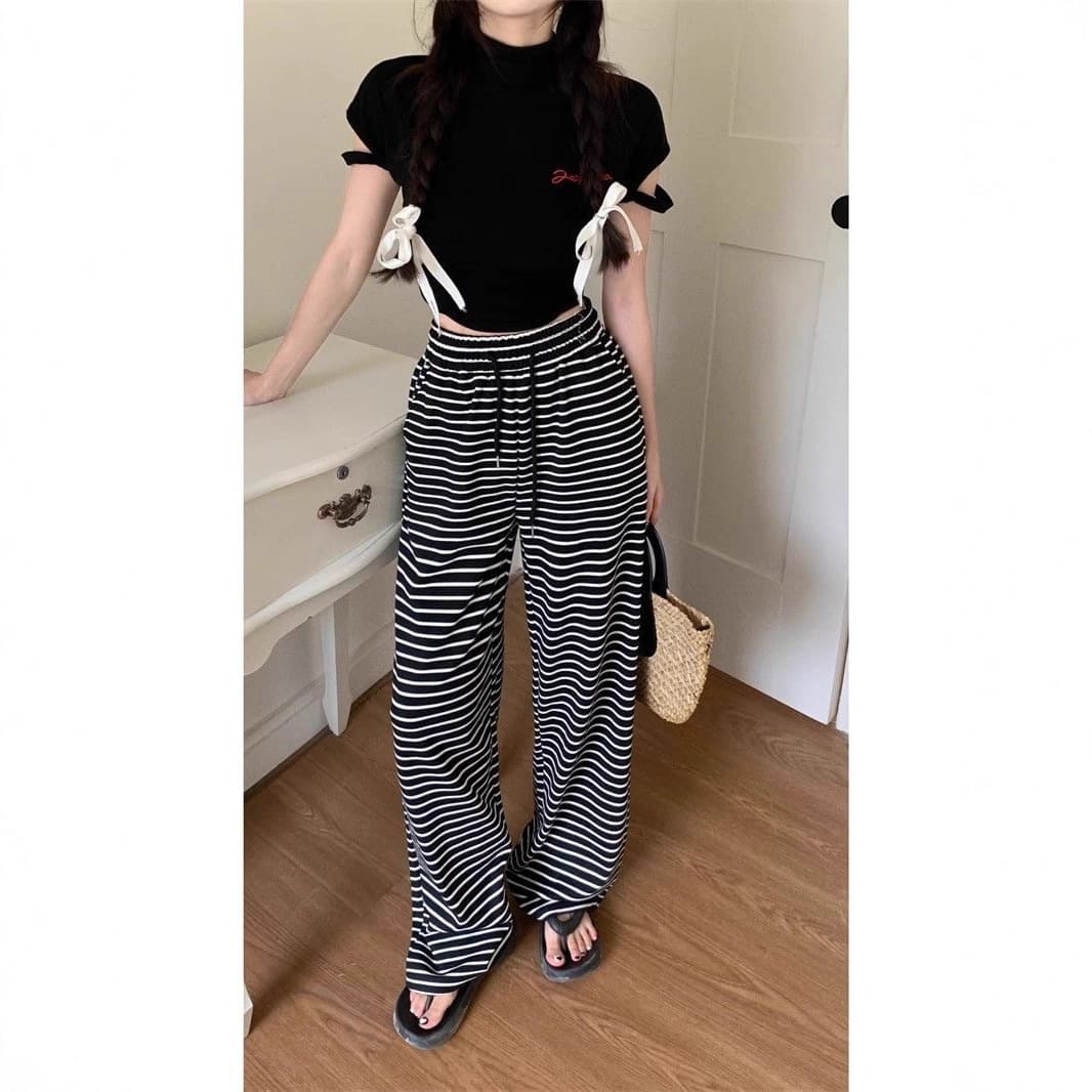 High Waist Striped Casual Pants Women's Spring Summer Thin Wide Leg Pants Lazy Style Floor Length Straight Long Trousers