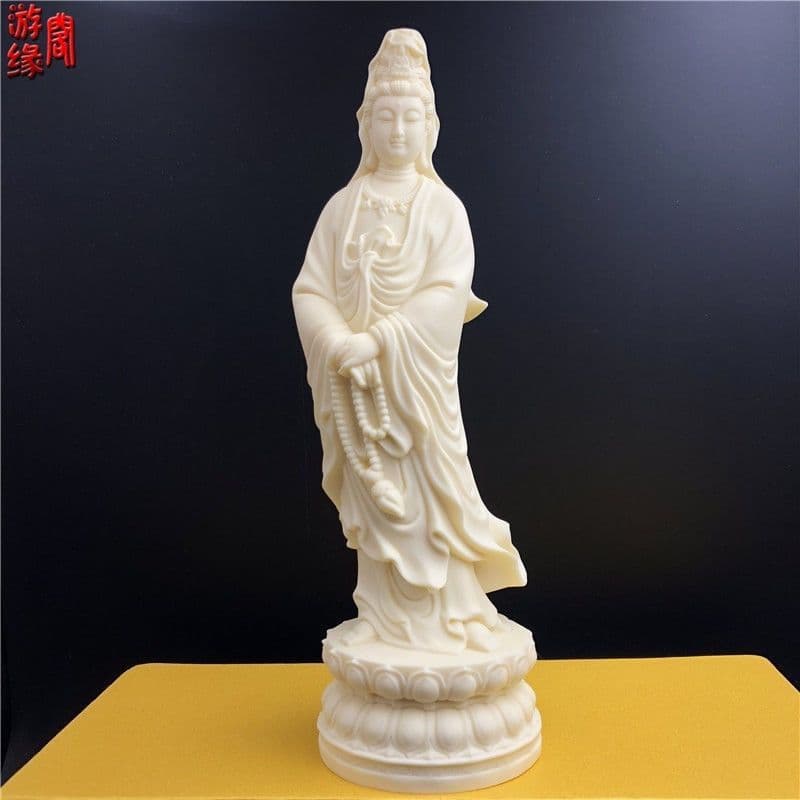 Ivory Nut South Sea Guanyin Bodhisattva Statue Ornament Lotus Base Holding Prayer Beads Home Office Craft Free Shipping