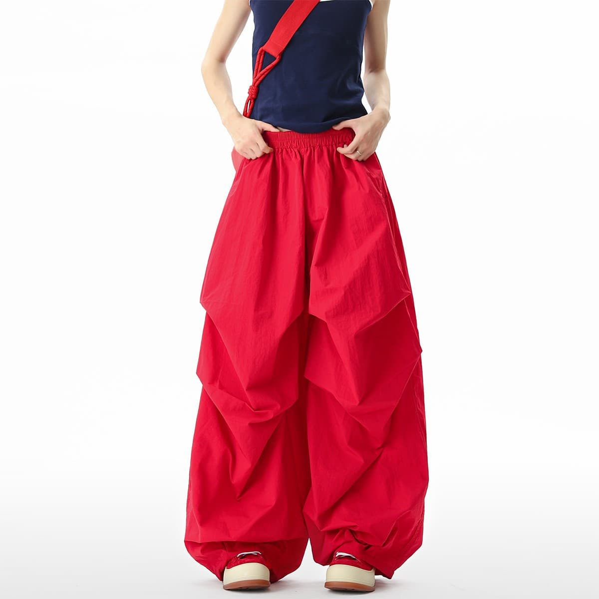 American-style red men's wide-leg lounge pants, summer retro relaxed casual pants for women, parachute pants with pleated drape and loose fit