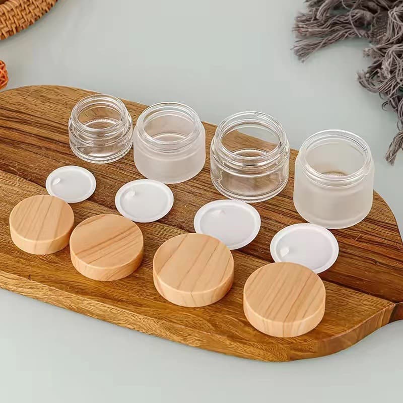 Wood Grain Lid Cream Jar Thickened Glass Face Cream Jar Frosted Cosmetic Travel Refill Bottle Factory Wholesale