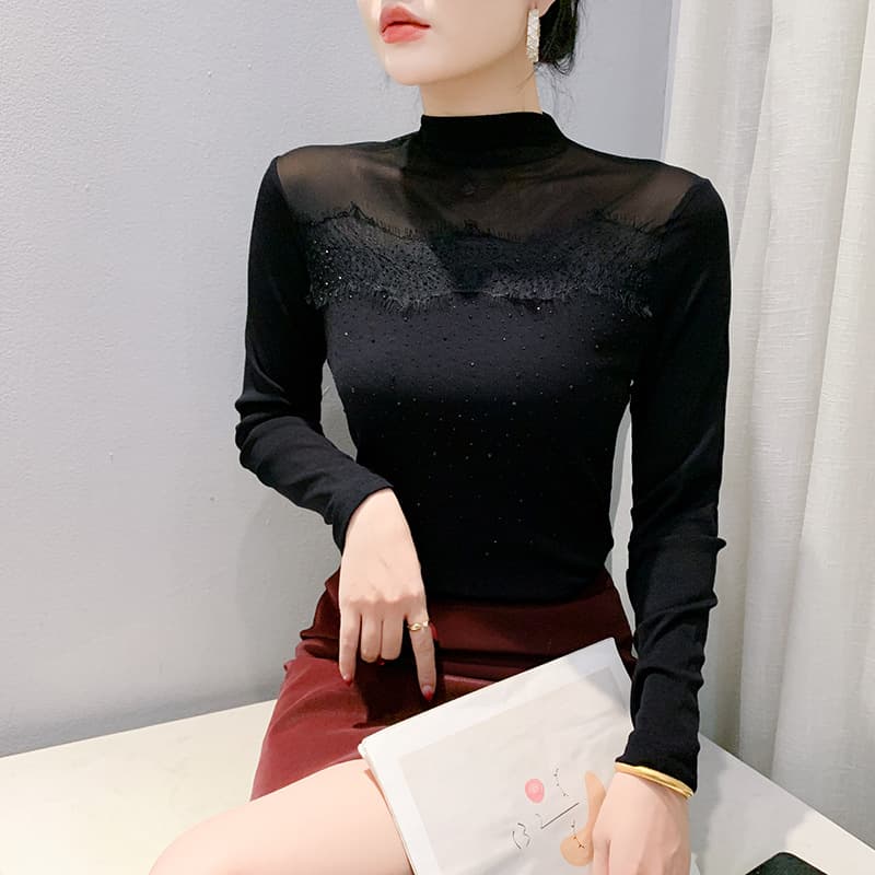 Elegant Youthful Sparkle Long-Sleeve T-Shirt for Women, Autumn/Winter Half Turtleneck Base Layer, Fitted Inner Top with Mesh Fabric