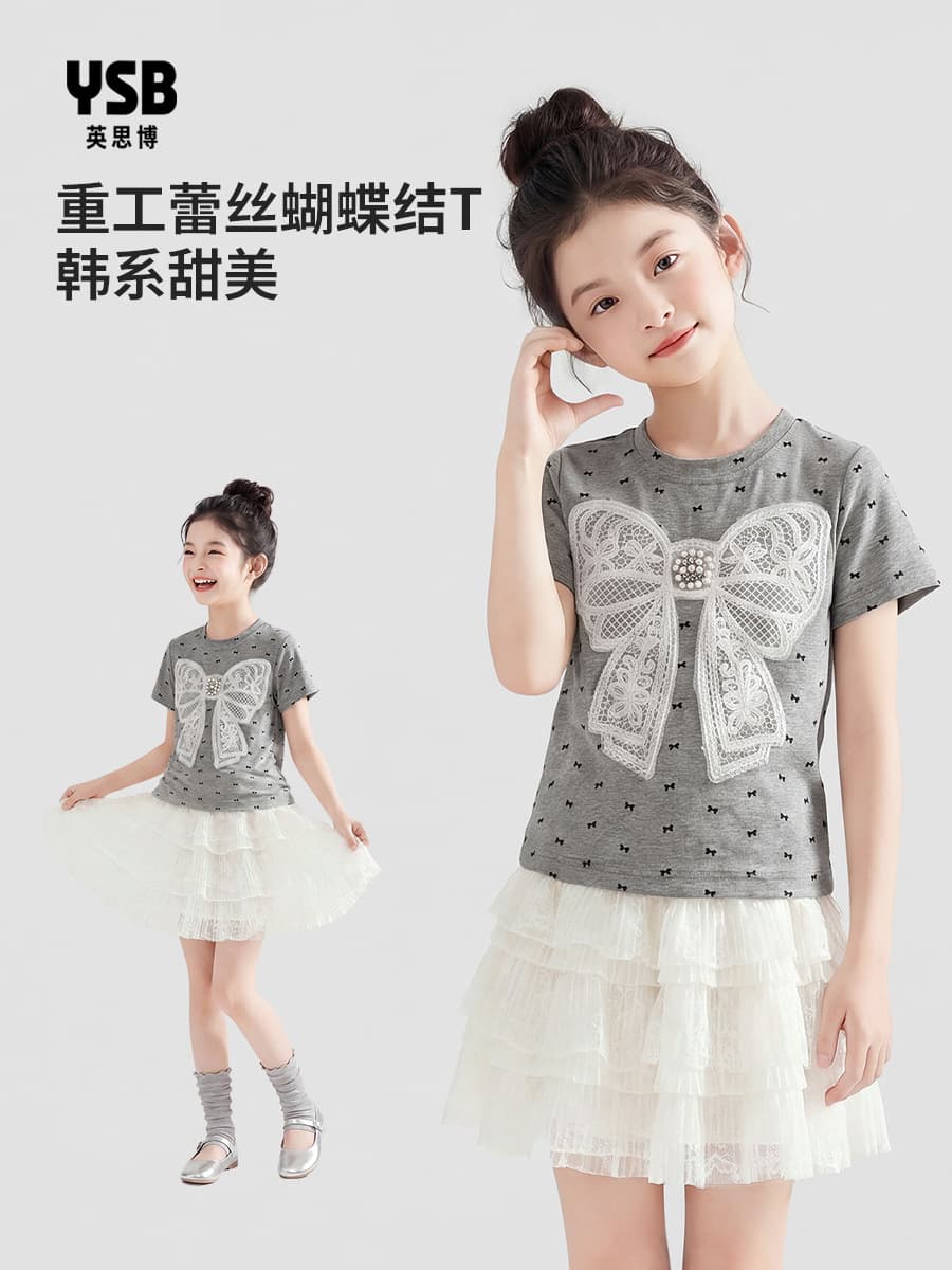 Yingsibo Children's Thin Summer T-Shirt for Girls with Bow, Stylish Short Sleeve Top for Older Kids