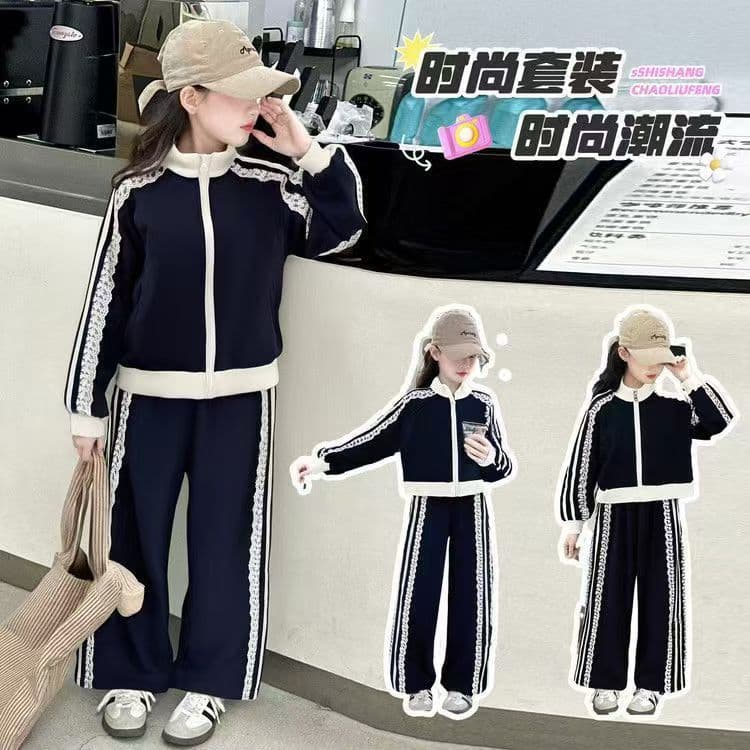 Beikefei Autumn Girls' Set Spring/Fall Children's Clothing Two-Piece Sporty Stand Collar Zip-Up Jacket