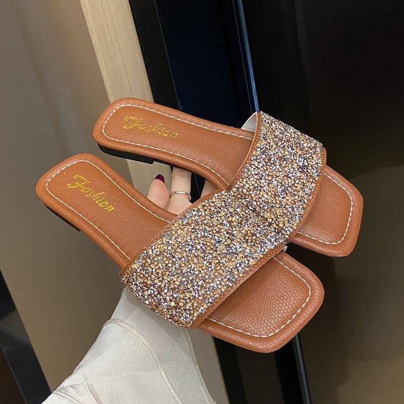 French Style New Flat Soft Sole One-Strap Sequin Slippers Summer 2026 Fashion Women's Casual Brown Closed-Toe