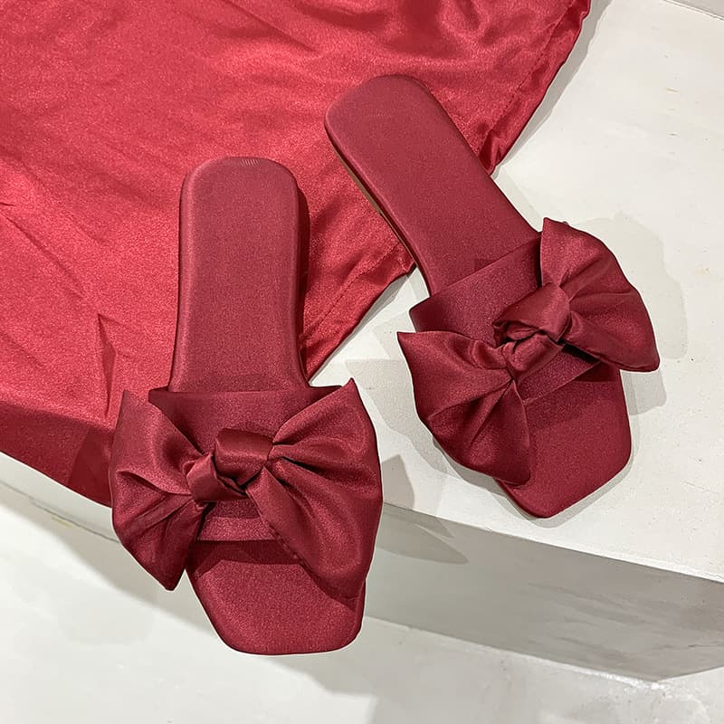 New style satin fabric bow-knot flat slippers for bridesmaids, red wedding dress matching women's shoes.