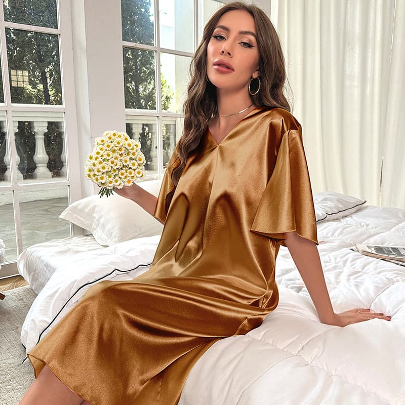 Amazon Cross-border Plus Size Ice Silk Pajamas Women Summer Cool Thin Homewear Long Nightgown Wholesale 3148