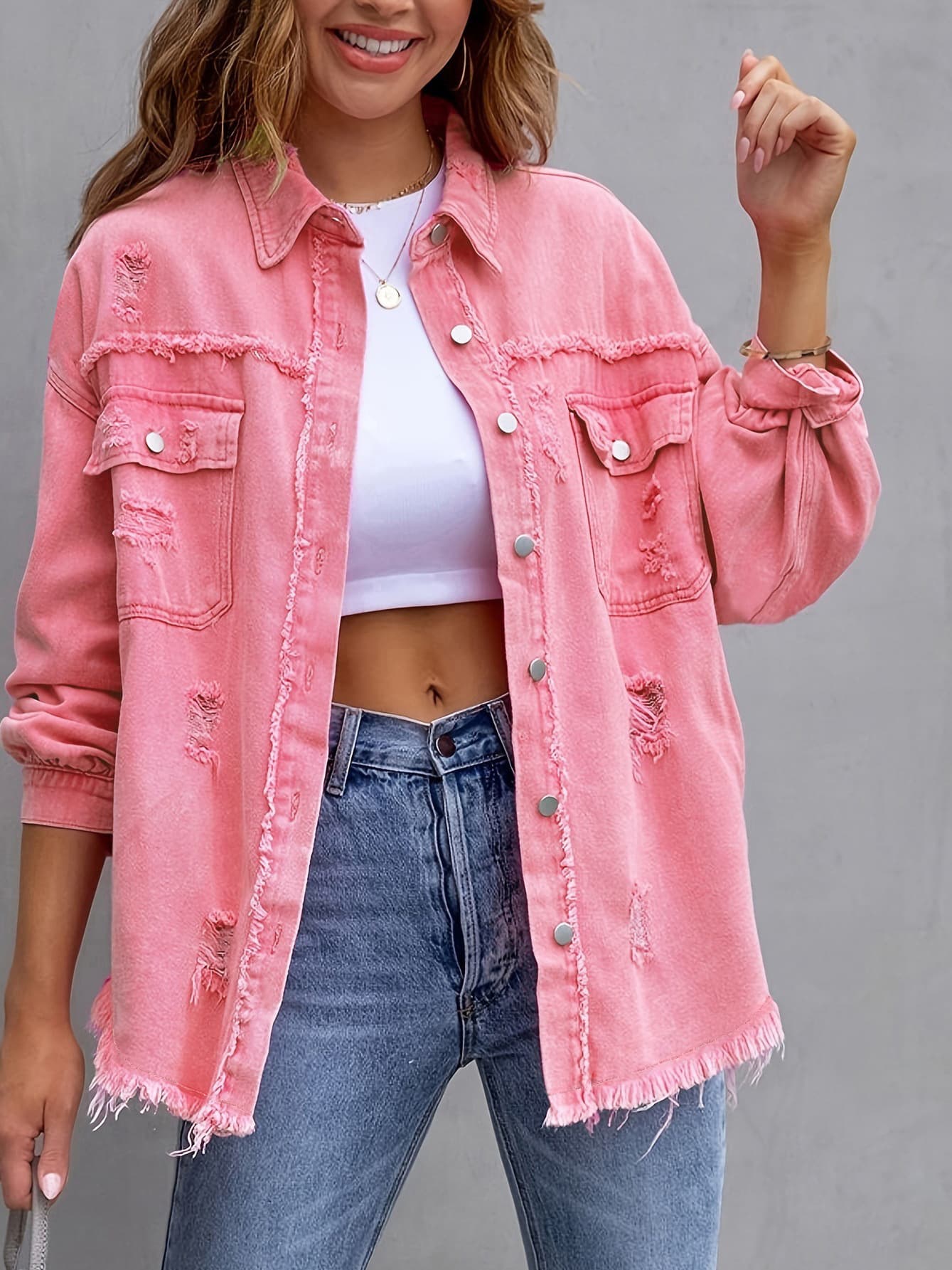 New Cross-Border European and American Denim Jacket for Women, Solid Color Loose Fit Jacket, Ripped Long Sleeve Denim Shirt, Bestseller
