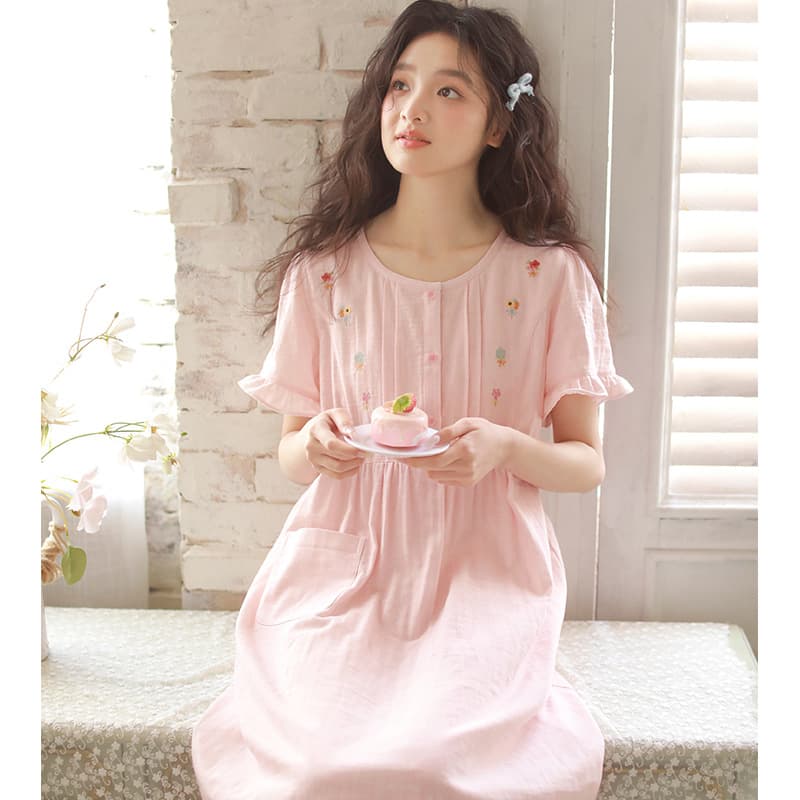 Women's Summer Pajamas, Japanese Sweet Princess Style Embroidered Homewear, Round Neck Short Sleeve New Nightgown 59