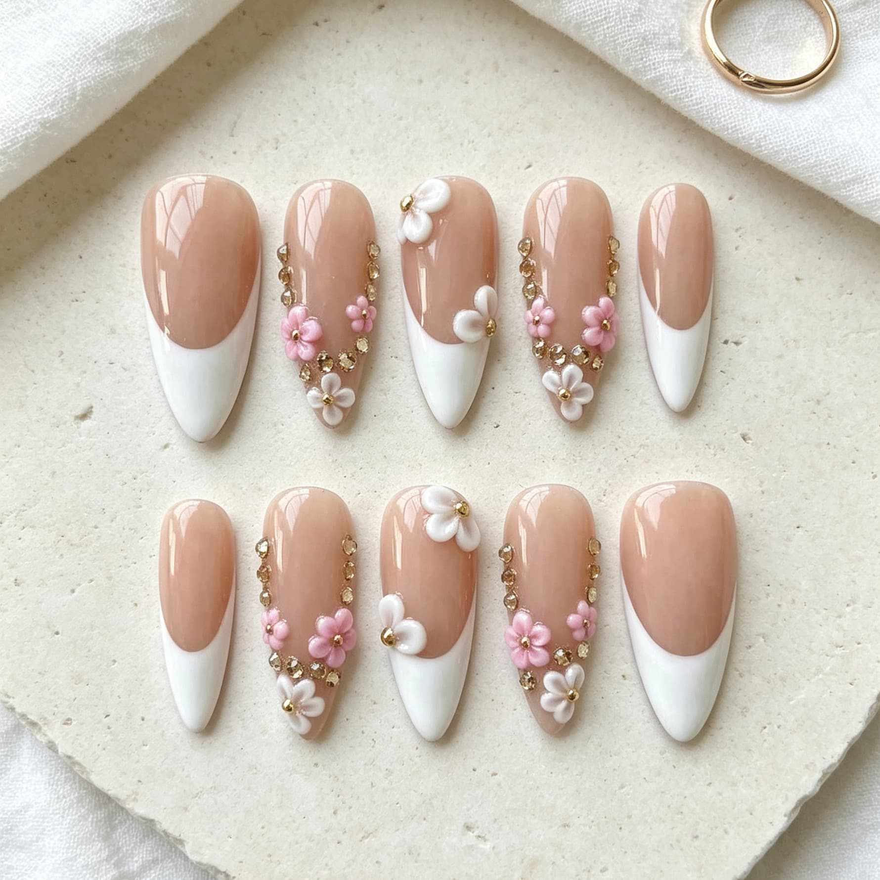 10PCS Long Almond Nails Nude Pink 3D Flowers Premium Pure Desire French Press-On Nails Handmade Fake Nails
