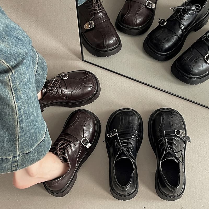 2025 Autumn/Winter French Retro Belt Buckle Platform Loafers Trendy Commuter Lace-Up Shallow Cut Small Leather Shoes Women's Shoes