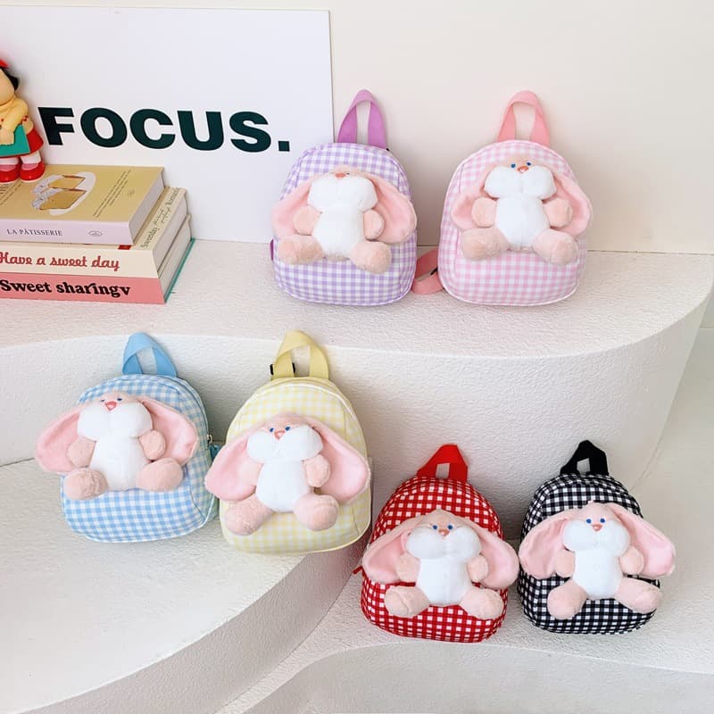 Big-eared Rabbit Doll Children's Backpack Western-style Plaid Baby Walking and Traveling School Bag Cute Cartoon Backpack