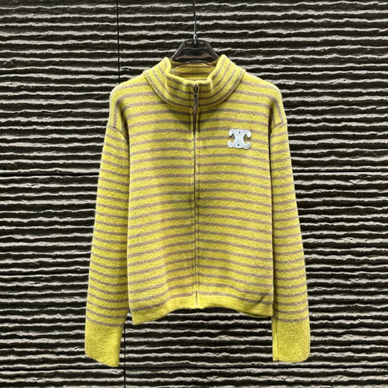 Trendy Brand CE25 Autumn/Winter New Arrival Fashion White Striped Triumph Arch Logo Stand-collar Zip-up Cardigan