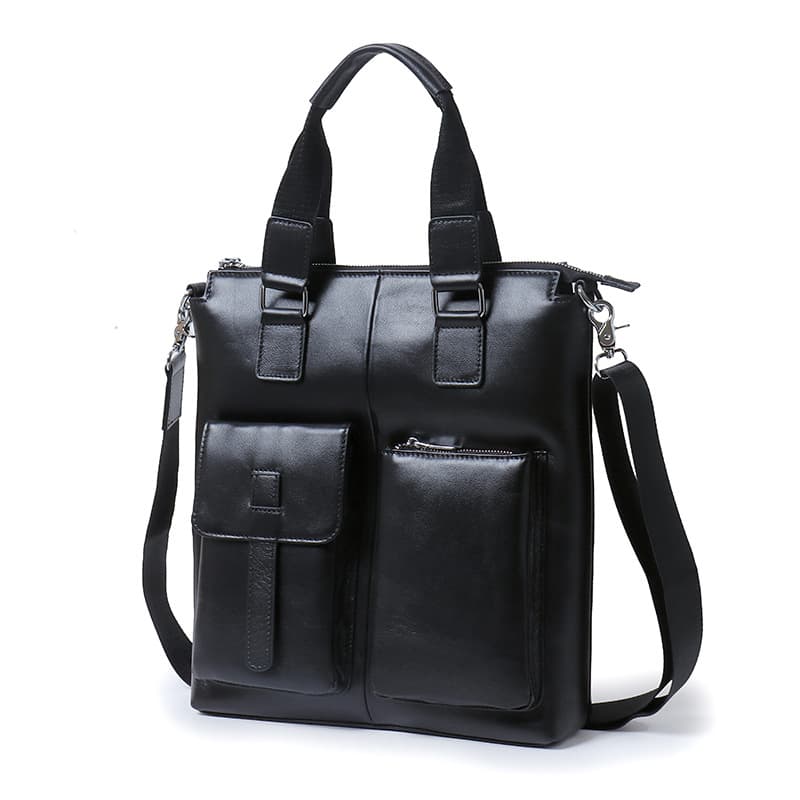 Men's Leather Handbag Vertical Style Business Bag Top Layer Cowhide Computer Bag Soft Handle Pure Color with Zipper Closure