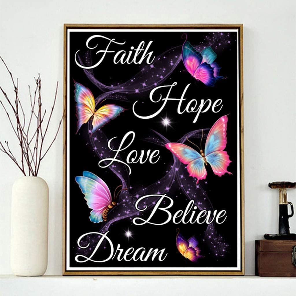 Adult Diamond Painting Kit, 5D Diamond Painting Butterfly Text Art DIY Round Full Drill