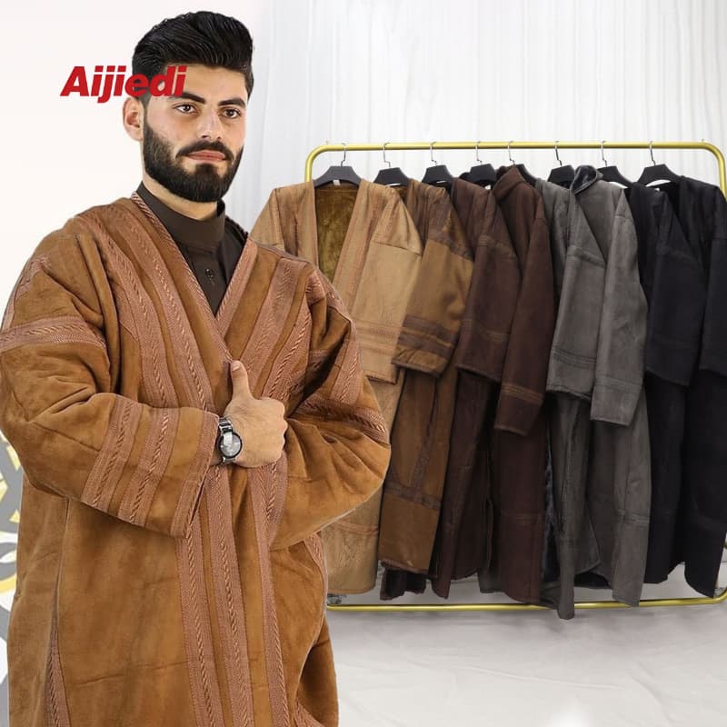 Cross-border Hot Selling Winter Thickened Extended Suede Men's Long Robe Cardigan Warm Hooded Pocket Winter Robe In Stock