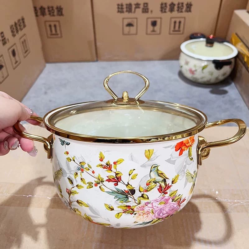 Extra-Thick Enamel Soup Pot with Gold Rim Lid, Double-Handled Noodle Pot, Household Stew Pot, Hot Pot, Compatible with Electric and Gas Stoves