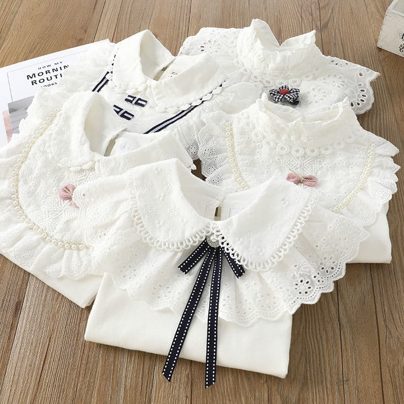 Girls White T-Shirt Top Spring Autumn Children Turn-down Collar Pearl Shirt Big Girl Lace Trim Base Layer