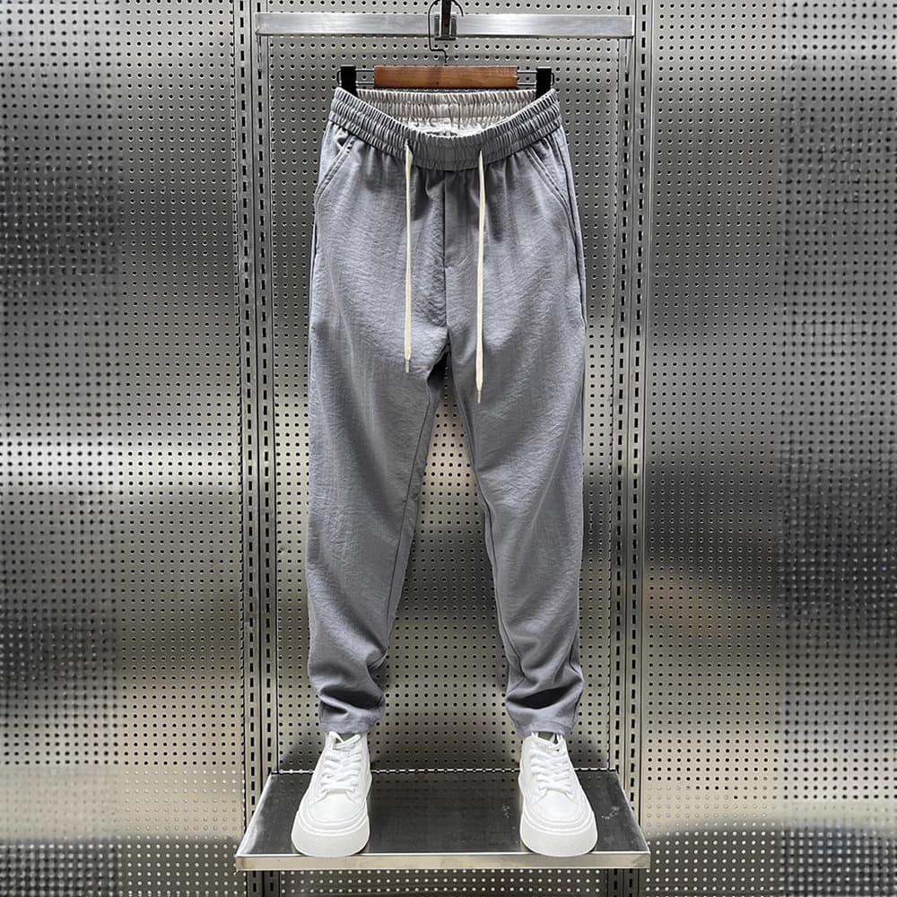 Ice Silk Men's Summer Thin Cotton-Linen Elastic Casual Pants, Draped Straight-Leg Linen Cropped Pants, Air Conditioning Pants
